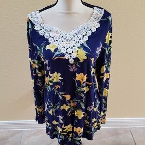 Floral Lace Trim Navy Top